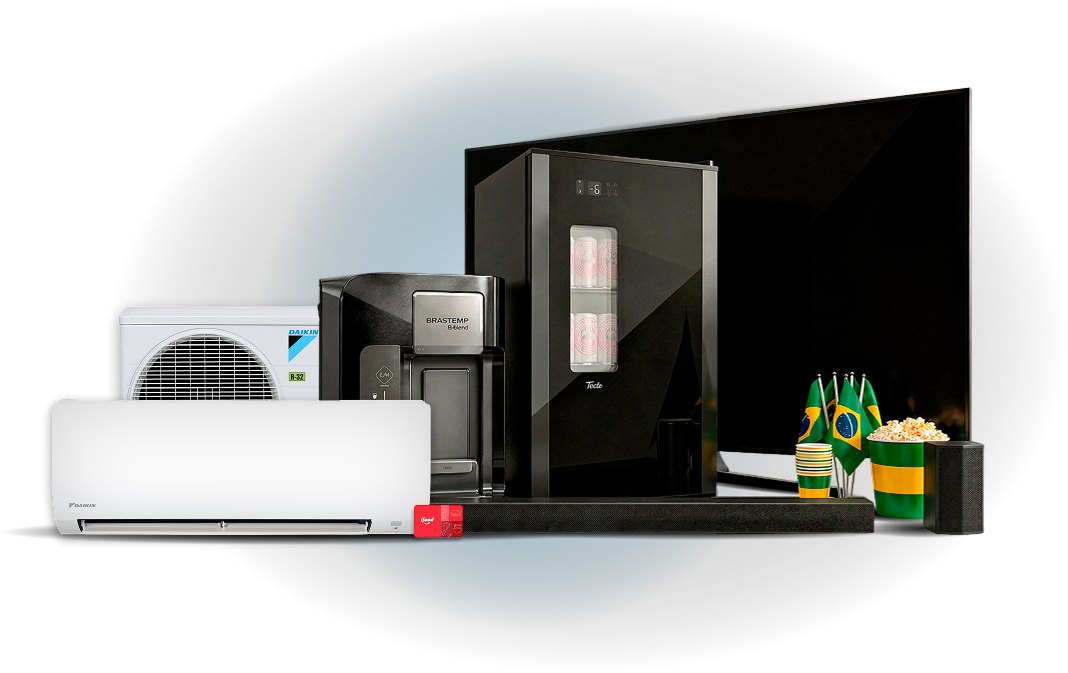 Composição de prêmios com ar-condicionado, cervejeira, B.blend, Smart TV, soundbar e voucher iFood