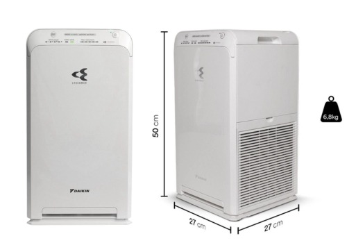 Dimensões compactas do Purificador Daikin MC40 (50cm altura × 27cm largura)