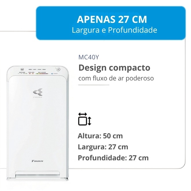 Purificador Daikin MC40 em uma mesa de cabeceira, mostrando suas dimensões compactas (50cm x 27cm x 27cm)