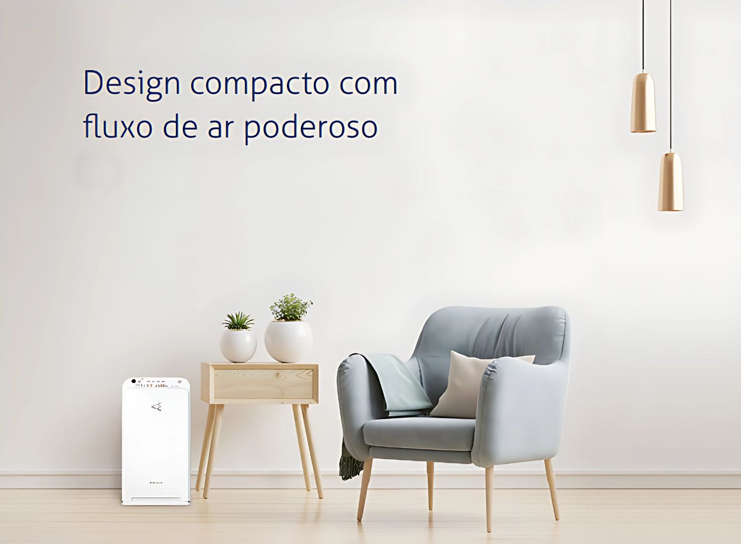 Purificador Daikin MC40 em ambiente residencial, integrado harmoniosamente em uma mesa de cabeceira com livros e abajur